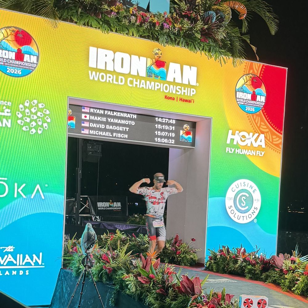 Ryan Falkenrath crossing the IRONMAN World Championship finish line in Kona